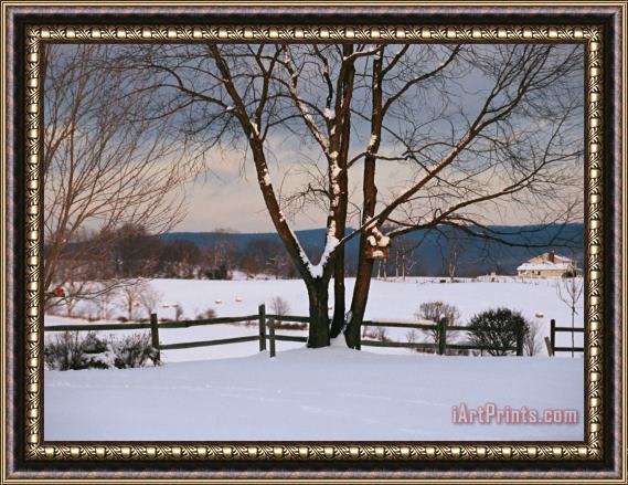 Raymond Gehman Pastoral View of a Farm Covered in Snow Framed Painting