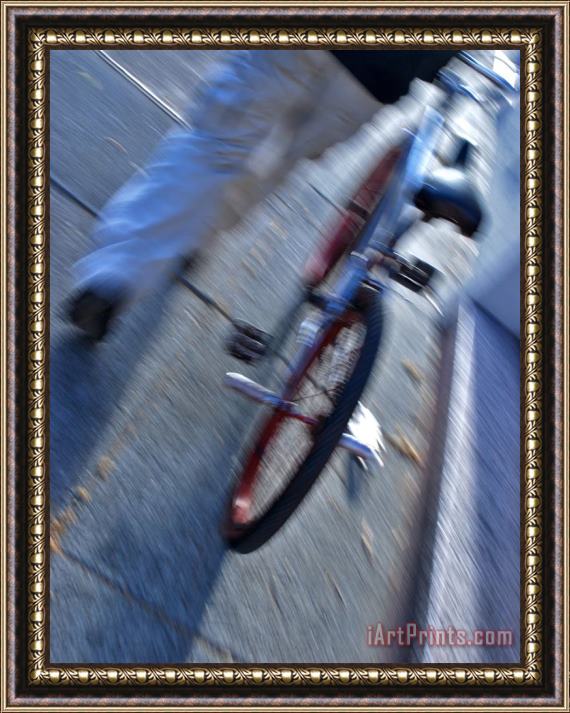 Raymond Gehman Person Walking with Bike Down City Street in San Francisco Framed Painting
