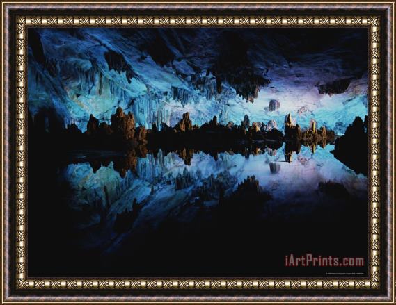 Raymond Gehman Reed Flute Cave Illuminated in Blue Light Framed Painting