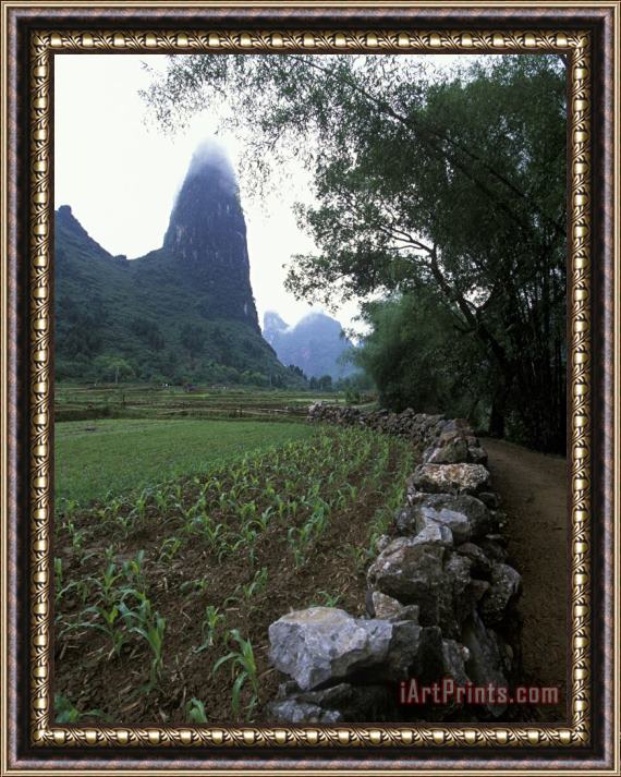 Raymond Gehman Rock Wall And Farm Fields Along The Li River Guilin Guangxi China Framed Print