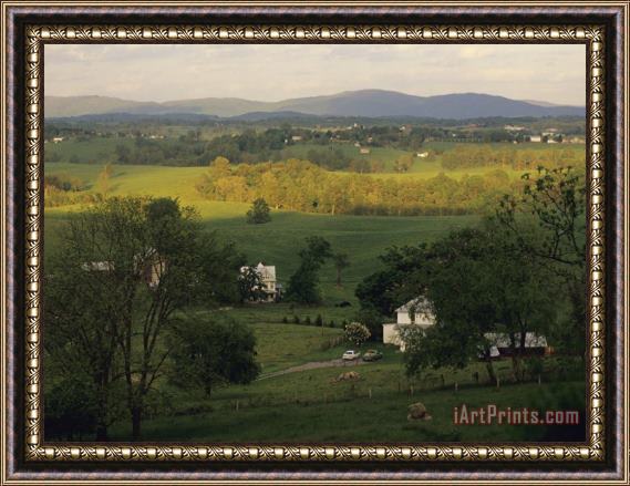 Raymond Gehman Scenic View of Farm Houses And Gentle Rolling Farm Land Framed Print