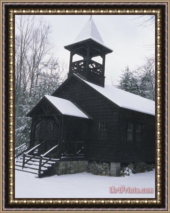 Raymond Gehman Snow Covered Church in a Wooded Setting Framed Print