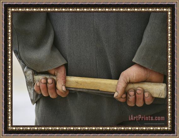 Raymond Gehman Stone Cutter's Hands Hold a Rock Chisel Used for Carving Marble Framed Painting