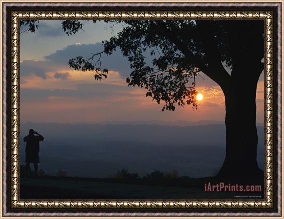 Raymond Gehman Sunset And Silhouetted Oak And Person Over The Shenandoah Valley Dickeys Ridge Visitors Center Framed Print