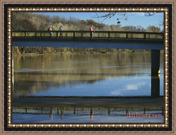 Raymond Gehman Three Men Cross a Footbridge Between Rosslyn And The Potomac River Framed Painting