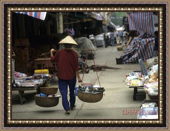 Raymond Gehman Woman with Bamboo Hat Carries Balanced Baskets Pingxiang Market Framed Print