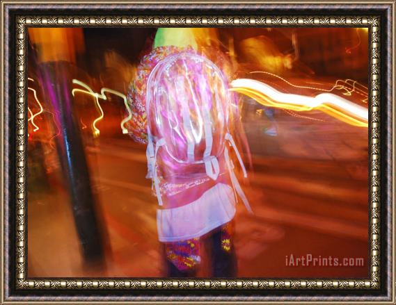 Raymond Gehman Young Person in Colorful Garb Walking a San Francisco Street at Night Framed Painting