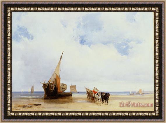 Richard Parkes Bonington Beached Vessels and a Wagon near Trouville Framed Painting