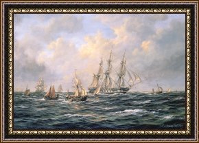 Fishing Boats in a Calm Sea Framed Prints - Convoy of East Indiamen amid Fishing Boats by Richard Willis