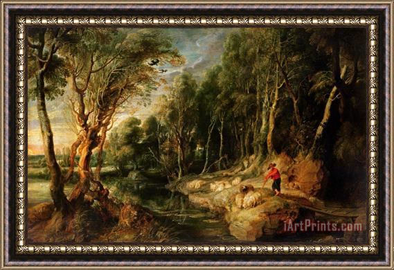 Rubens A Shepherd with his Flock in a Woody landscape Framed Painting