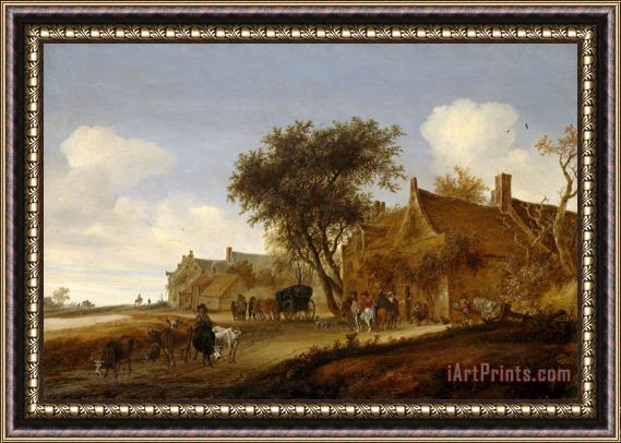 Salomon van Ruysdael A Village Inn with Stagecoach Framed Painting
