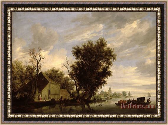 Salomon van Ruysdael River Scene with a Ferry Boat Framed Painting