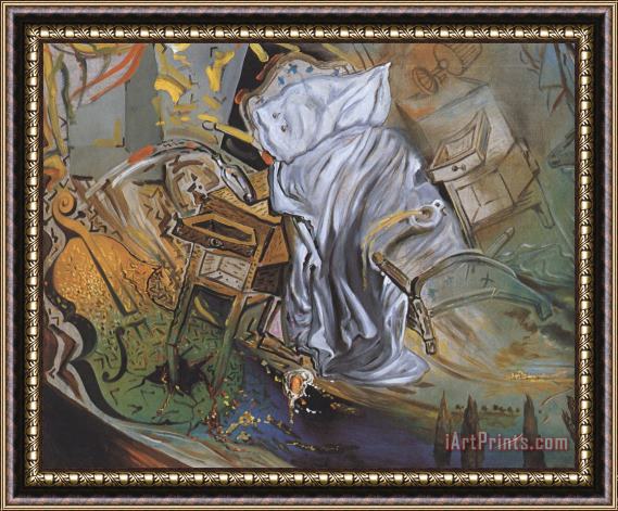 Salvador Dali Bed And Two Bedside Tables Ferociously Attacking a Cello Final Stage Framed Painting