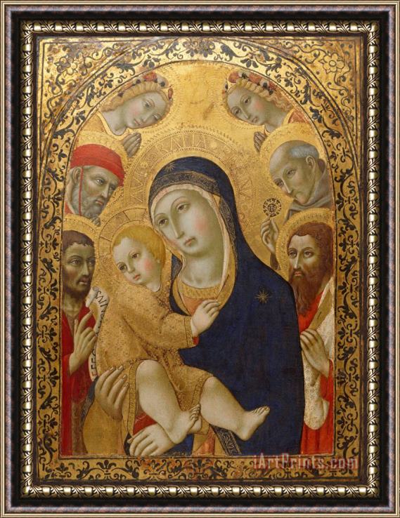 Sano di Pietro Madonna And Child with Saints Jerome, John The Baptist, Bernardino And Bartholomew Framed Painting