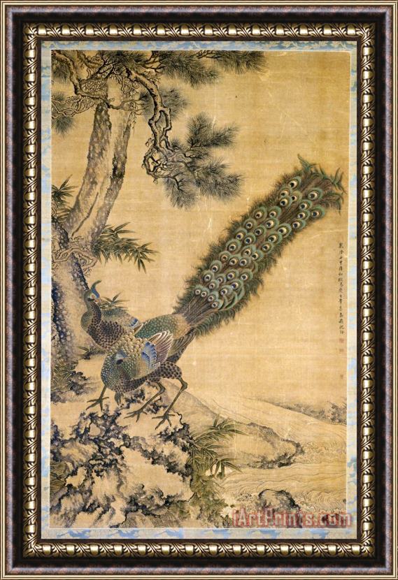 Shen Nanpin Bamboo, Pine And Peacocks Framed Print