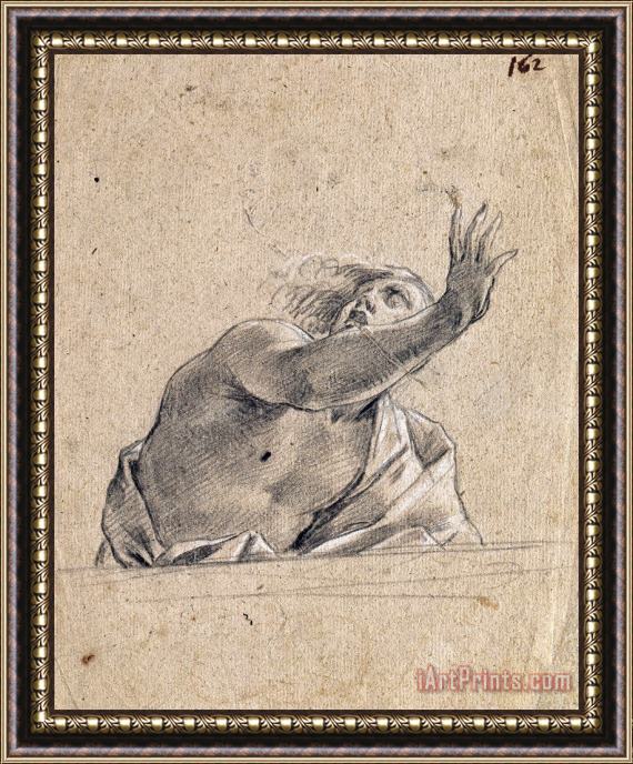 Simon Vouet Man with Raised Arm Behind a Parapet Framed Painting