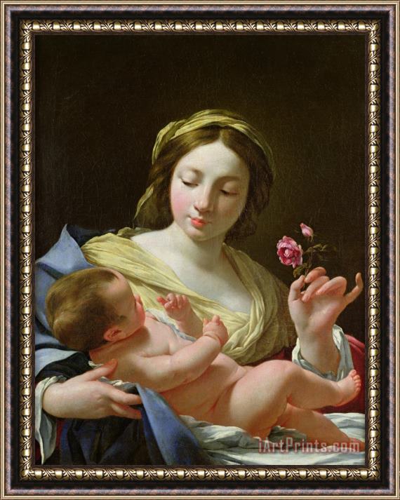 Simon Vouet The Virgin and Child with a Rose Framed Painting