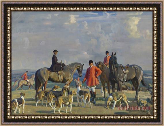 Sir Alfred James Munnings John J. Moubray, Master of Foxhounds, Dismounted with His Wife And Two Mounted Figures with The Bedale Hounds in a Landscape, 1920 Framed Print