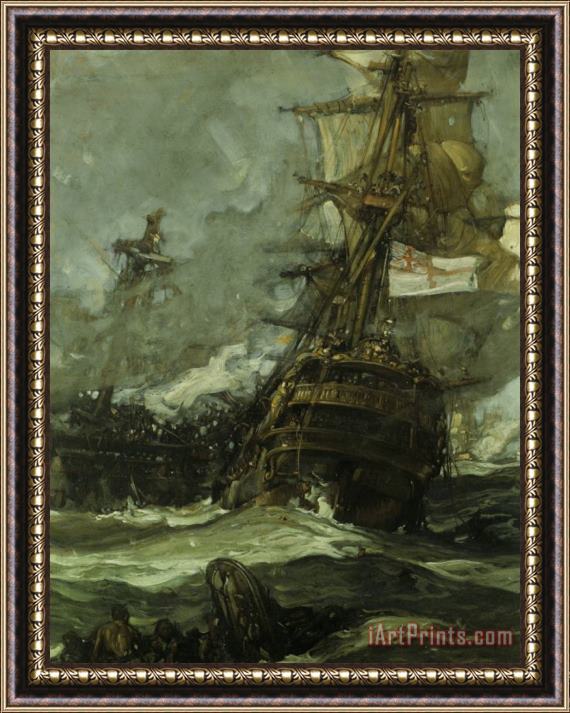 Sir Frank Brangwyn, R.a The Brunswick Caught Anchors with Her Enemy Framed Painting