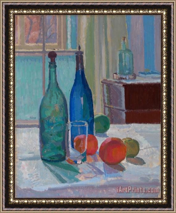 Spencer Frederick Gore Blue And Green Bottles And Oranges Framed Painting