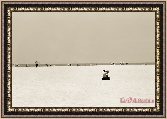 Stephen Spiller Man Sitting On A Beach Playing His Horn Framed Painting