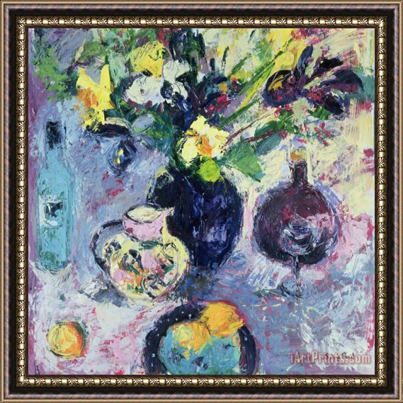 Sylvia Paul Still Life With Turquoise Bottle Framed Painting