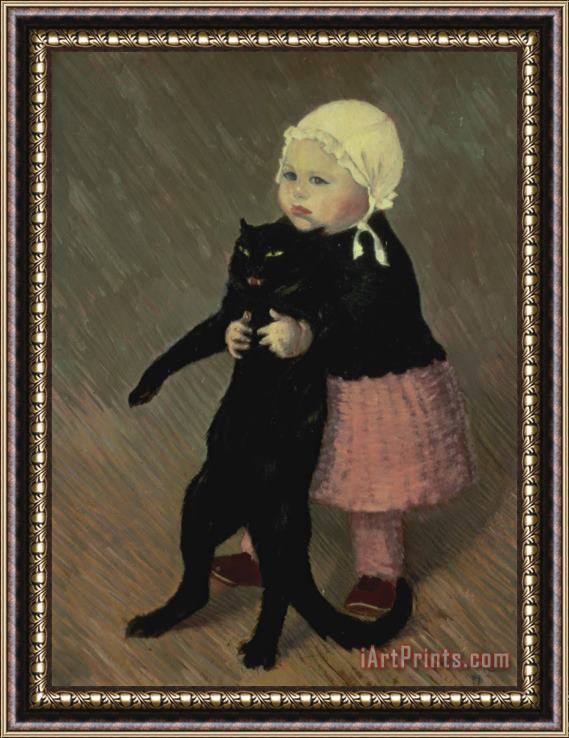 TA Steinlen A Small Girl with a Cat Framed Painting