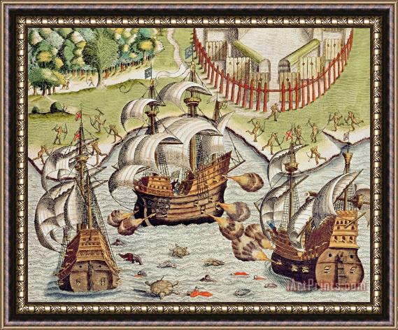 Theodore de Bry Naval Battle between the Portuguese and French in the Seas off the Potiguaran Territories Framed Print