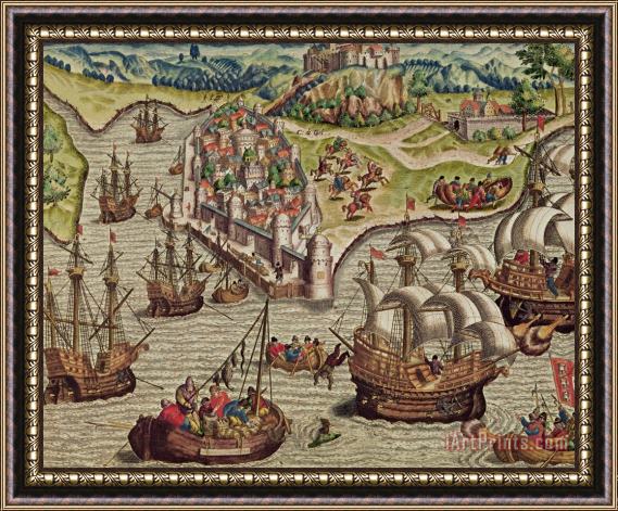 Theodore de Bry Naval Combat Framed Painting