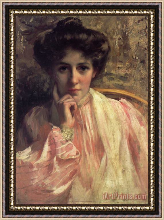 Thomas Benjamin Kennington Portrait of a Lady in a Pink Dress Framed Painting