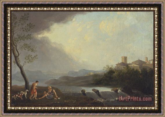 Thomas Jones An Imaginary Italianate Landscape with Classical Figures And a Waterfall Framed Painting