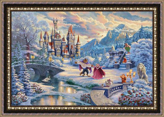Thomas Kinkade Beauty And The Beast's Winter Enchantment Framed Print