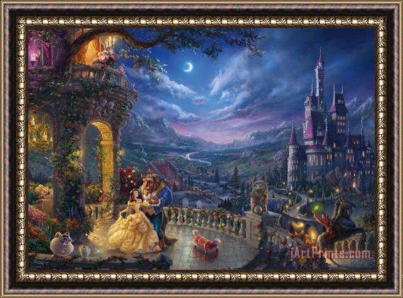 Thomas Kinkade Beauty and the Beast Dancing in the Moonlight Framed Painting