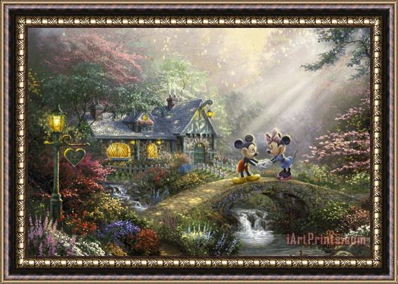 Thomas Kinkade Mickey & Minnie Sweetheart Bridge Framed Print