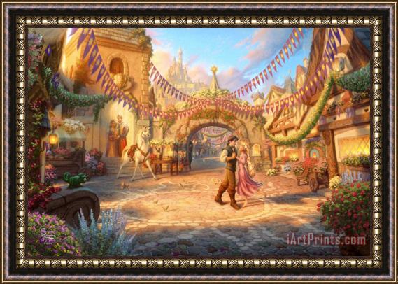 Thomas Kinkade Rapunzel Dancing in The Sunlit Courtyard Framed Painting