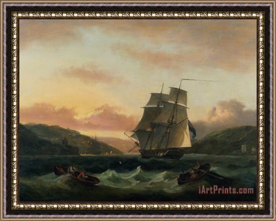 Thomas Luny  A Brigantine in Full Sail in Dartmouth Harbour Framed Painting
