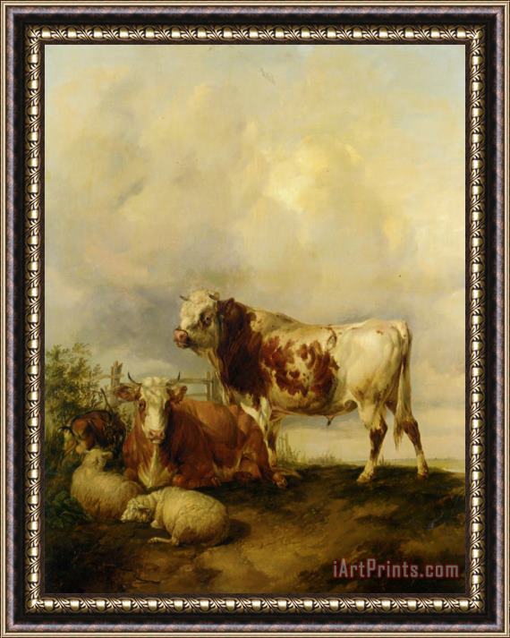 Thomas Sidney Cooper A Bull And Cow with Two Sheep And Goat Framed Print