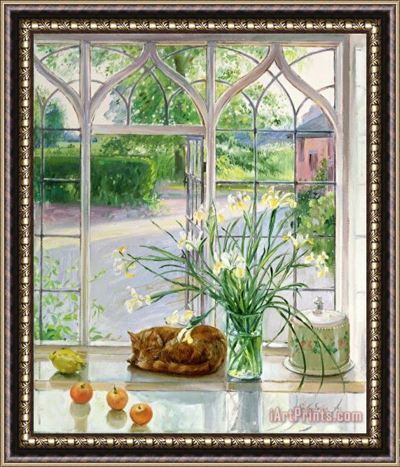 Timothy Easton Irises And Sleeping Cat Framed Painting