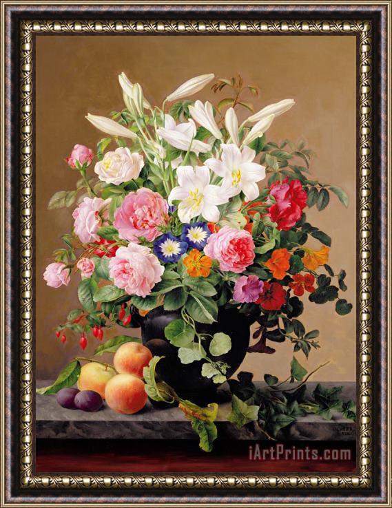 V. Hoier Still Life With Flowers And Fruit Framed Print