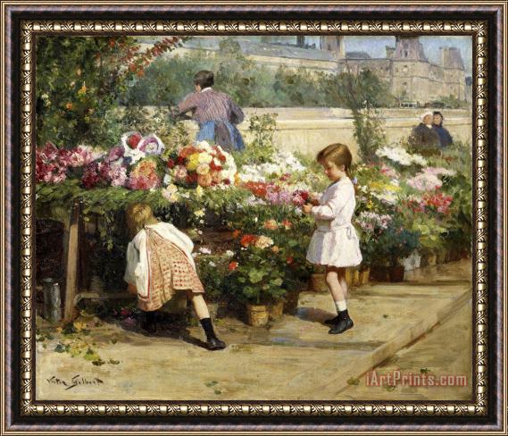Victor Gabriel Gilbert The Flower Market by The Seine Framed Painting