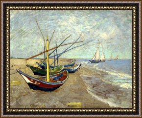 Fishing Boats in a Calm Sea Framed Prints - Fishing Boats on The Beach at Les Saintes Maries De La Mer by Vincent van Gogh
