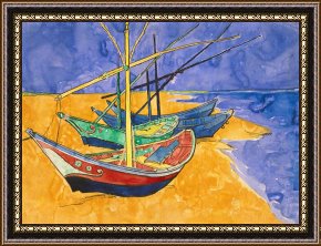 Fishing Boats in a Calm Sea Framed Prints - Fishing Boats on the Beach at Saintes Maries de la Mer by Vincent Van Gogh