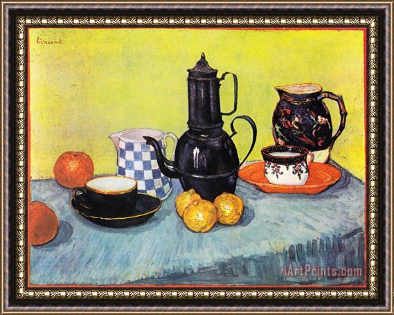 Vincent van Gogh Still Life with Coffee Pot, Dishes And Fruit Framed Painting