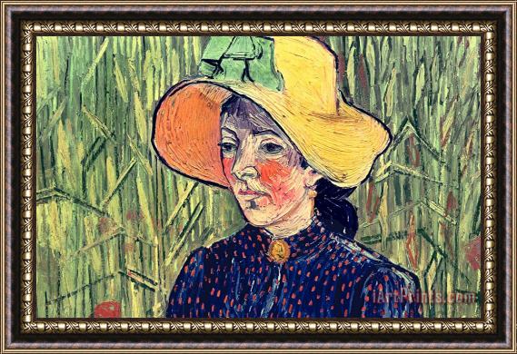 Vincent van Gogh Young Peasant Girl In A Straw Hat Sitting In Front Of A Wheatfield Framed Painting