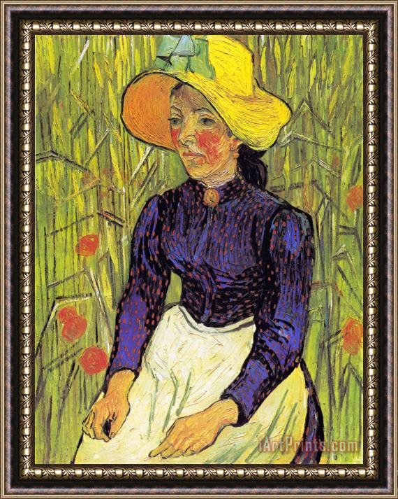 Vincent van Gogh Young Peasant Woman with Straw Hat Sitting in Front of a Wheat Field Framed Painting