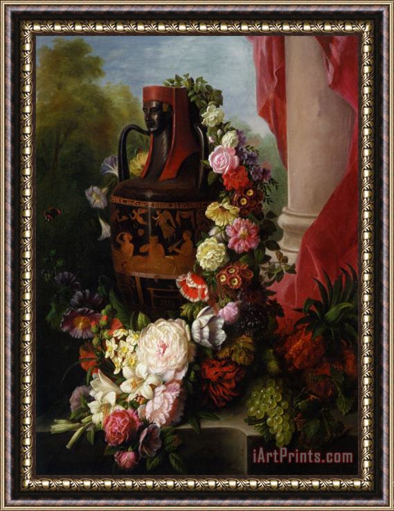 Virginie De Sartorius A Greek Urn with Garland of Roses Framed Print