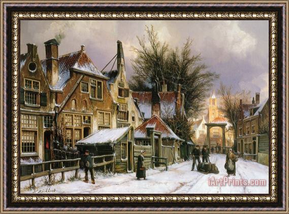 Willem Koekkoek A Townview with Figures on a Snow Covered Street Framed Print