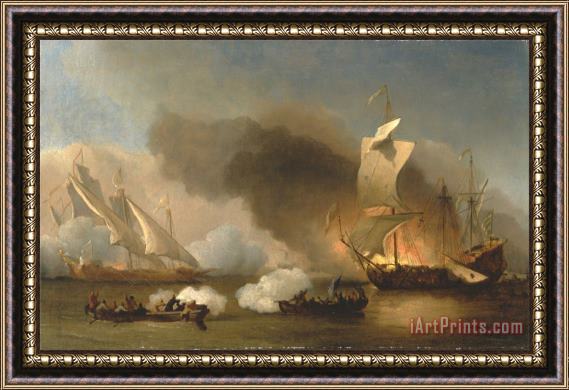 Willem van de Velde An Action Off The Barbary Coast with Galleys And English Ships Framed Painting