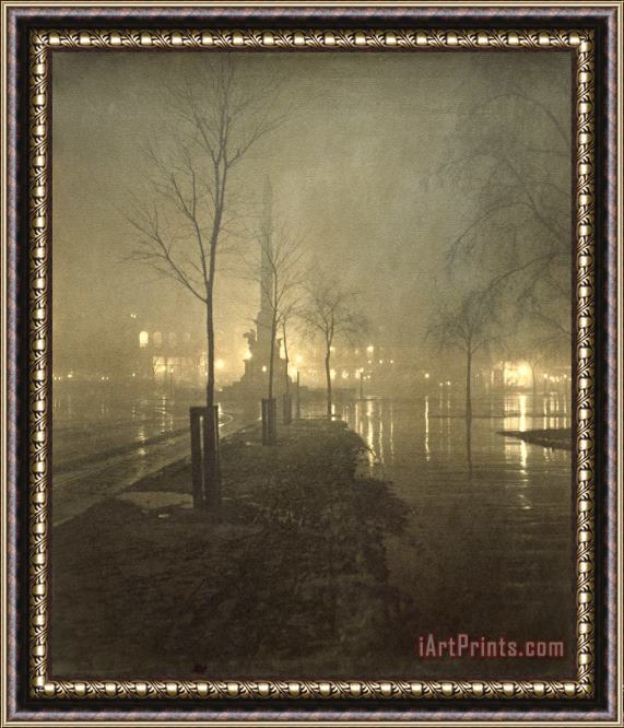 William A. Fraser A Wet Night, Columbus Circle Framed Painting