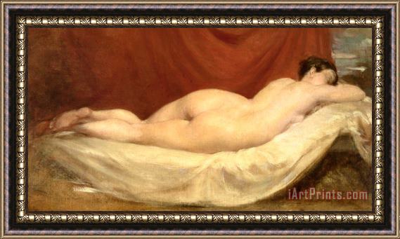 William Etty Nude Lying On A Sofa Against A Red Curtain Framed Print